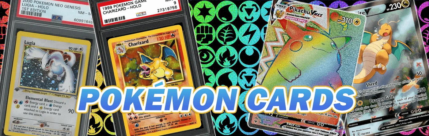 Pokemon Cards website banner, graded and holographic cards fanned across a neon energy-symbol pattern
