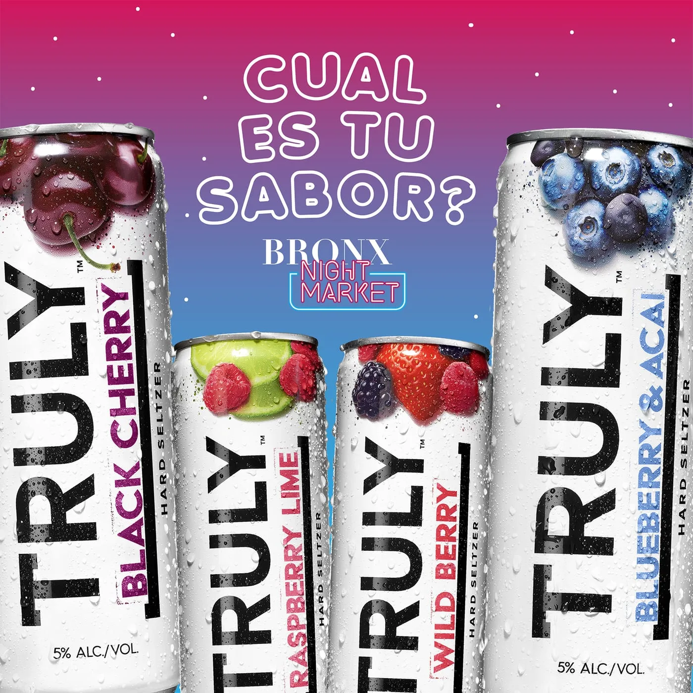 Spanish-language partnership graphic asking Cual es tu sabor, the market's neon logo above four hard seltzer cans on a pink-to-blue gradient