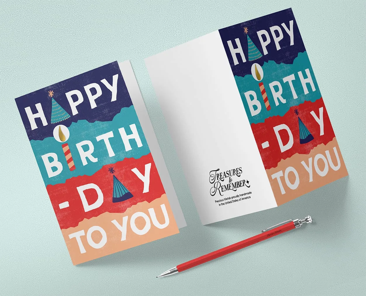 Birthday card shown closed and open, party hats and a candle standing in for letters across torn bands of navy, teal, red and peach