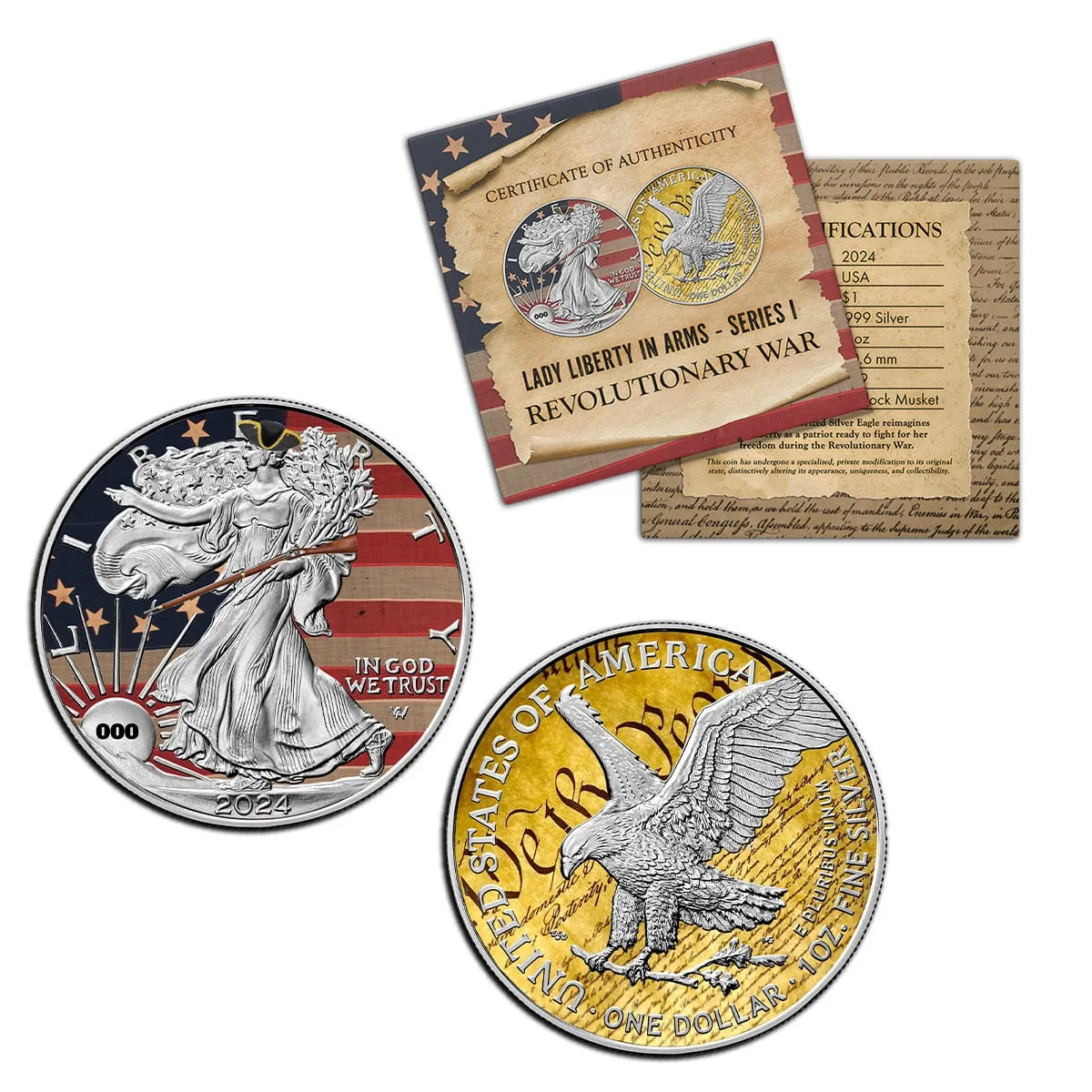 Colorized Silver Eagle from the Revolutionary War release, obverse and reverse shown beside its aged certificate of authenticity