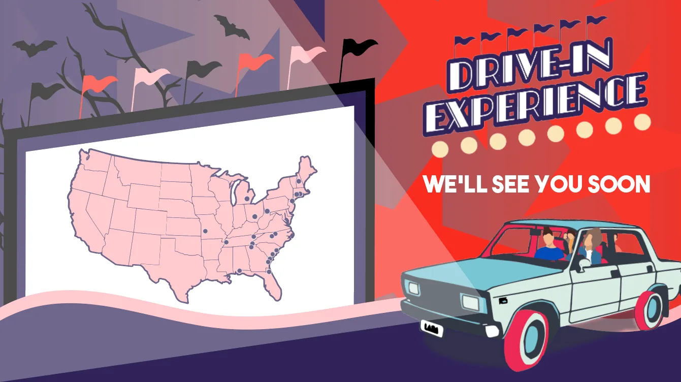 Launch graphic: a drive-in screen showing a US map of tour cities beside a retro mint car, captioned We'll See You Soon