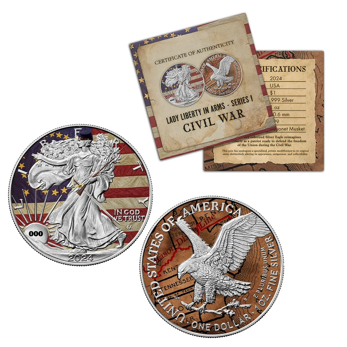 Civil War release of the colorized Silver Eagle, Liberty over a period flag and the eagle over a campaign map, with certificate