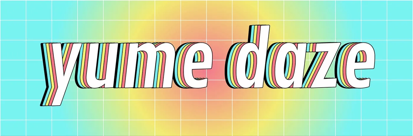 Wordmark centred on a cyan grid with a warm yellow and coral glow blooming behind it