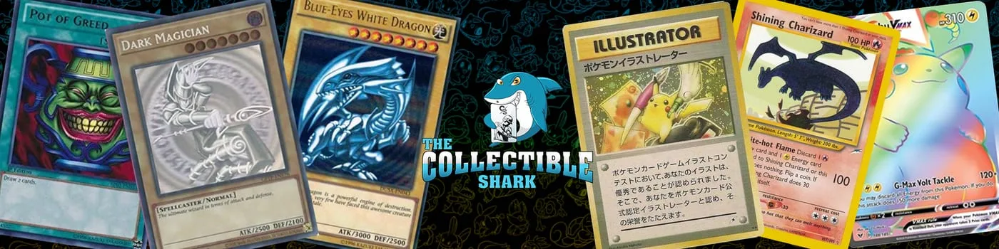 Store banner with the blue shark mascot and wordmark centred among graded trading cards on black