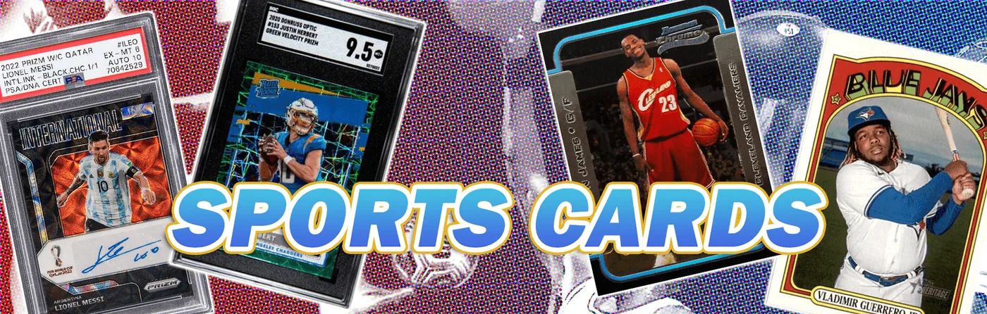 Sports Cards banner spanning soccer, football, basketball and baseball, on an iridescent speckled ground