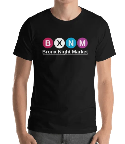 Black tee printed with BXNM as four subway-line bullets above the market name