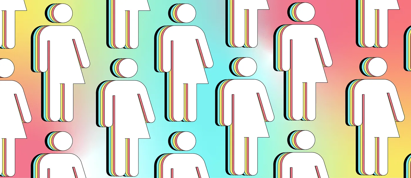 Repeating pattern of gender-neutral pictogram figures, each half skirt and half trousers, with rainbow offset outlines on a pastel gradient