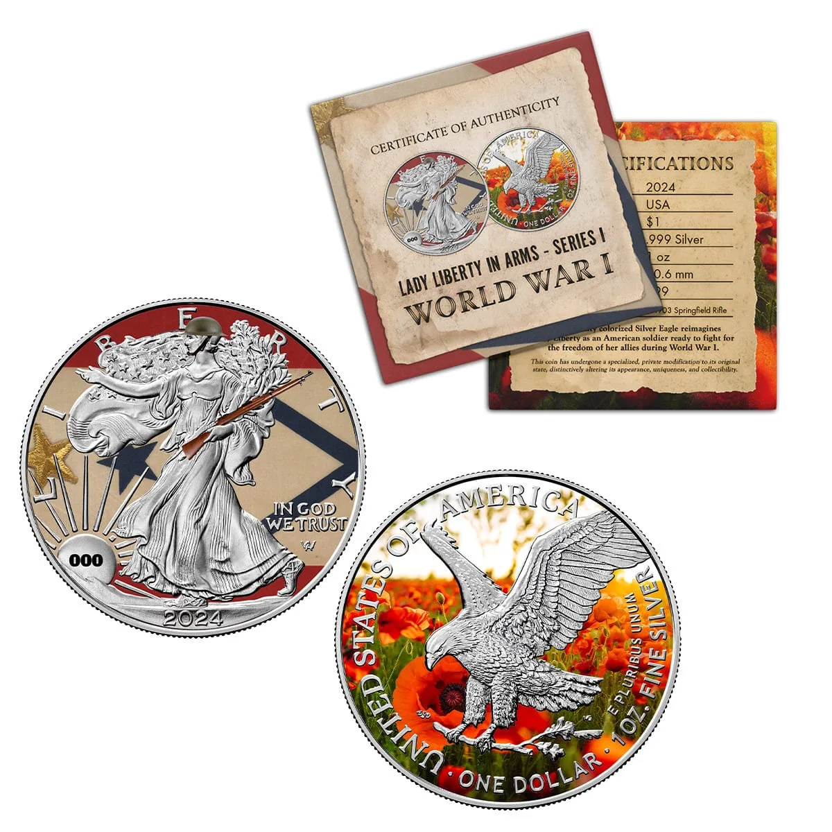 World War I release, Liberty in a helmet over a service flag and the eagle over a poppy field, with certificate