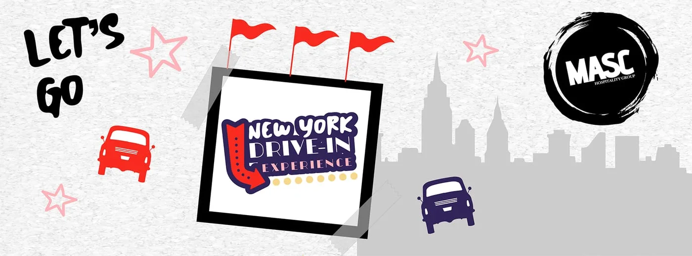 New York Drive-In Experience banner with red pennant flags, cartoon cars and a grey Manhattan skyline