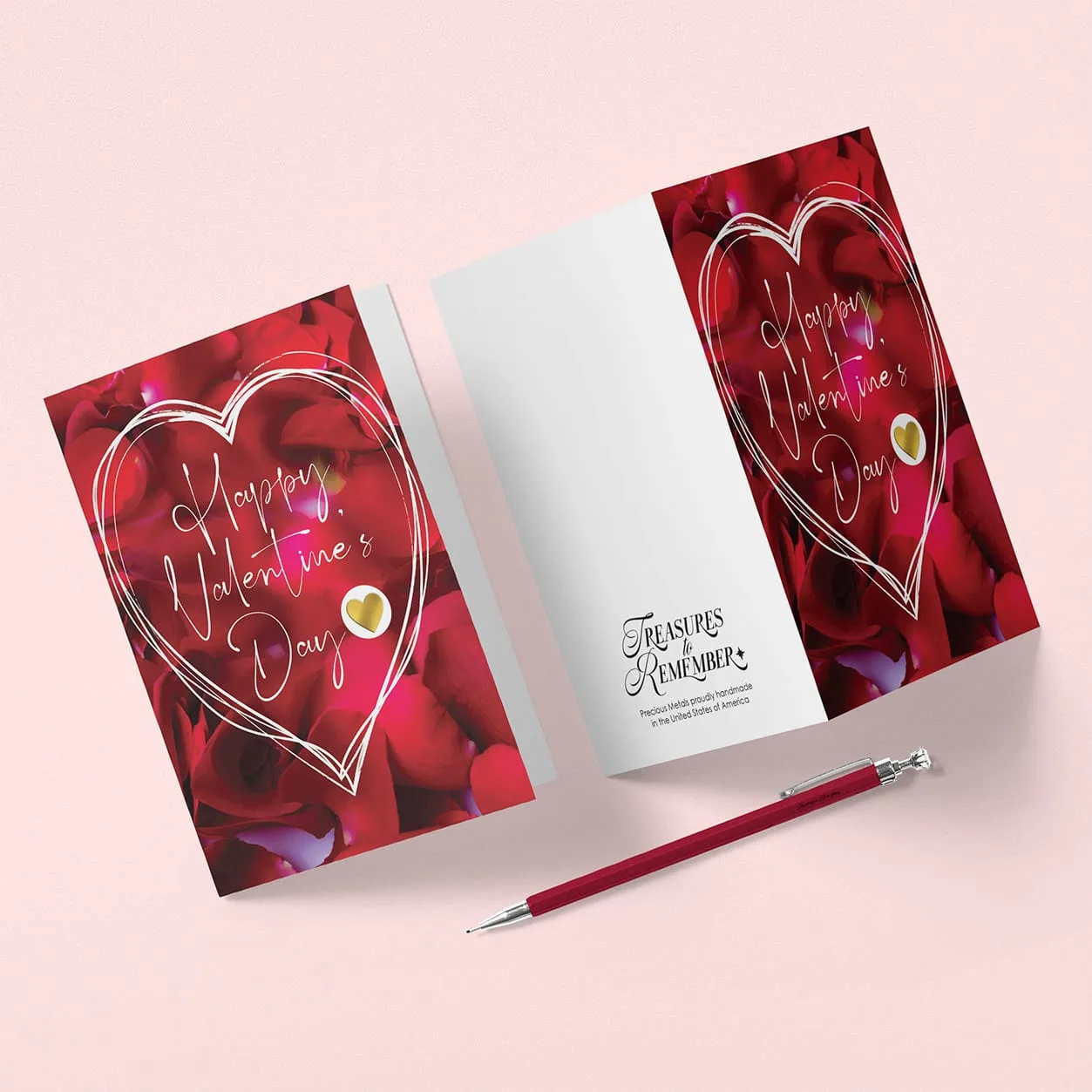 Valentine's card over a red rose petal photograph, delicate script inside a sketched heart outline, shown closed and open