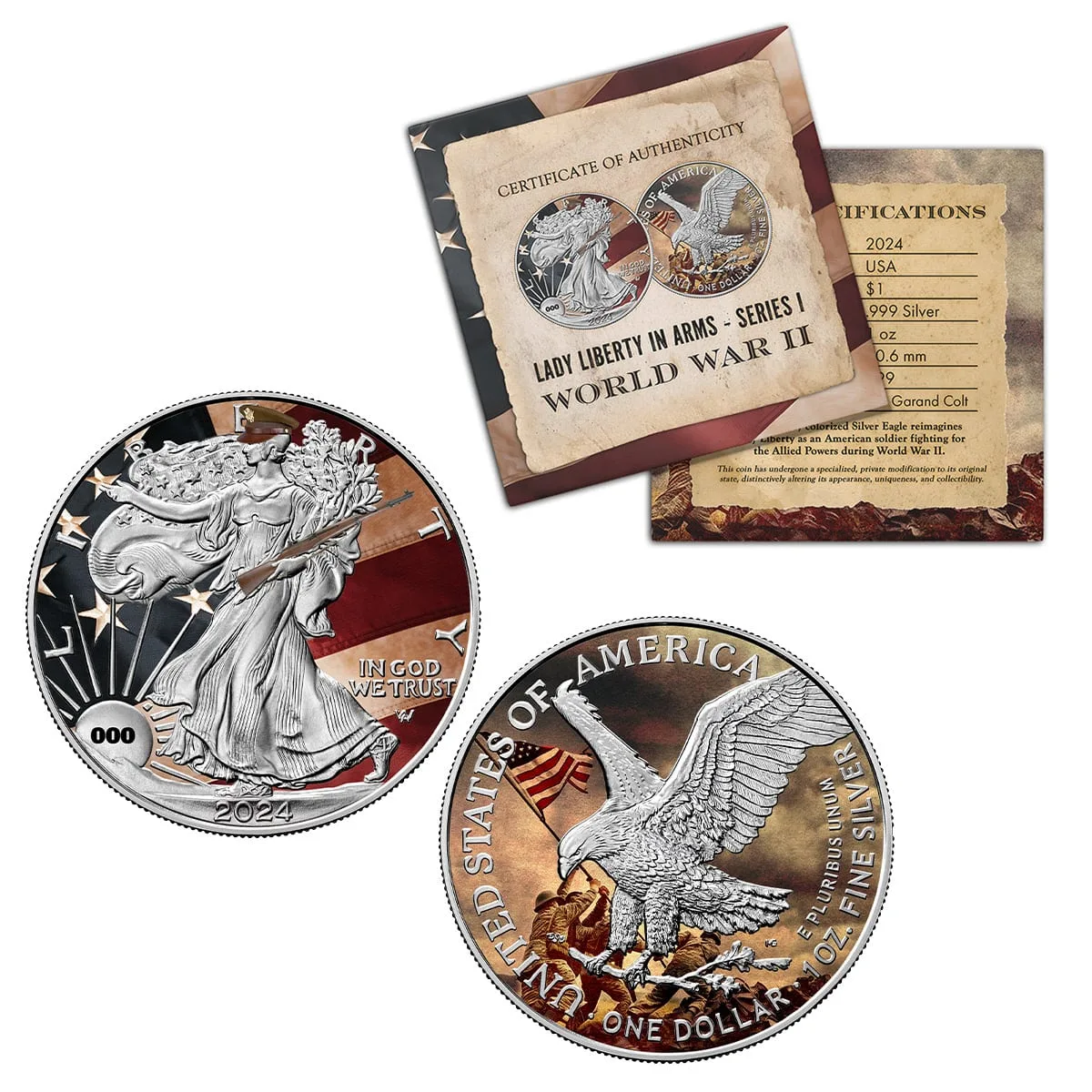 World War II release, Liberty in a soldier's cap and the eagle over a flag-raising scene, with certificate