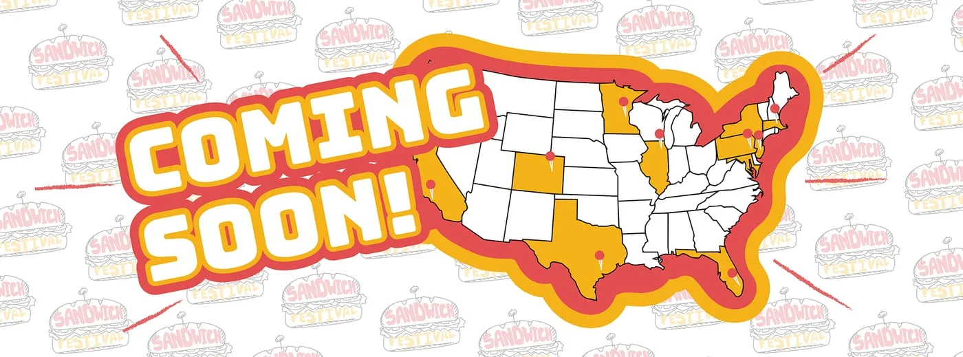 Sandwich Festival Coming Soon banner beside a US map pinned across a dozen cities