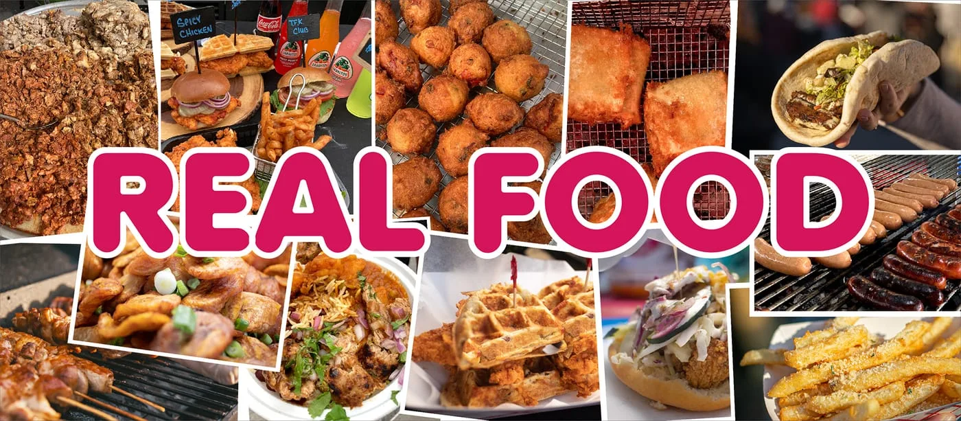 Real Food banner in magenta caps over a photo collage of fritters, fried chicken, gyros, skewers and loaded fries