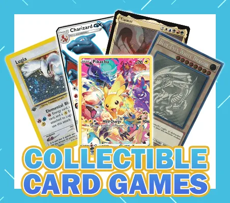 Collectible Card Games category tile, cards fanned above the label on pale blue