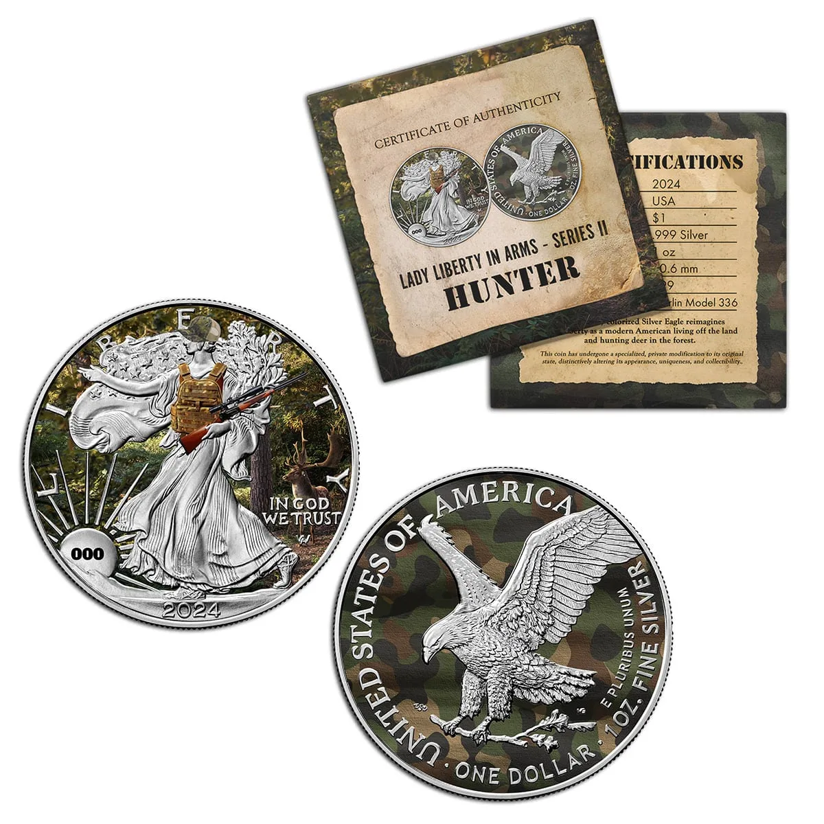 Hunter release from the second series, Liberty in a vest in a forest and the eagle over camouflage, with certificate