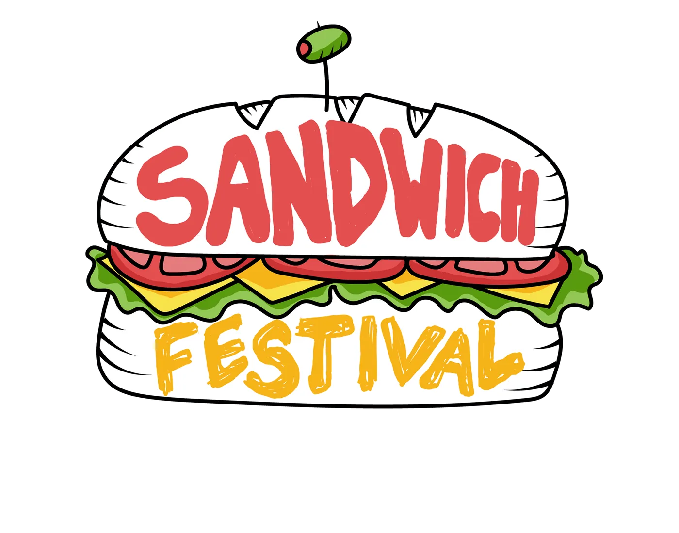 Sandwich Festival logo: a hand-drawn sub roll topped with an olive pick, the name split across the upper and lower bun