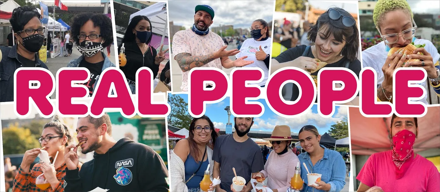 Real People banner in magenta caps over a collage of market visitors eating and posing between the stalls