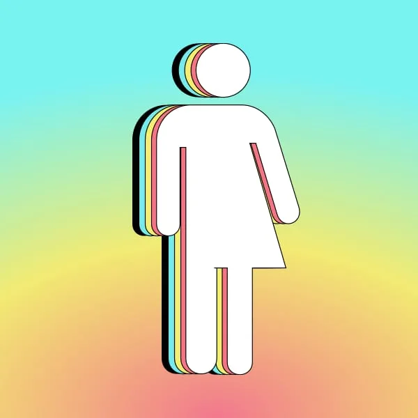 Single gender-neutral pictogram figure with layered rainbow outlines on a pastel gradient