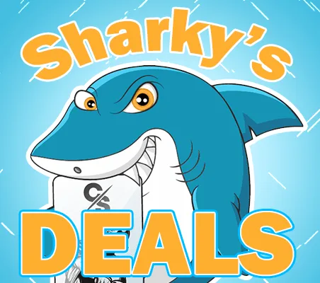 Sharky's Deals tile with the grinning blue shark mascot holding a graded card
