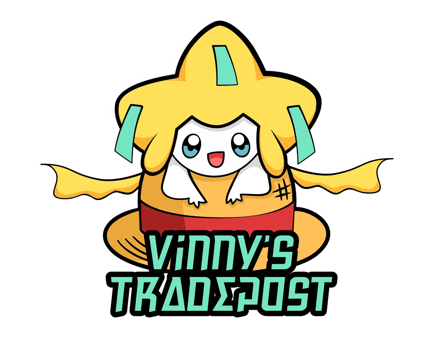 Full-colour Vinny's Tradepost lockup, mascot seated above the name in an angular mint-green typeface