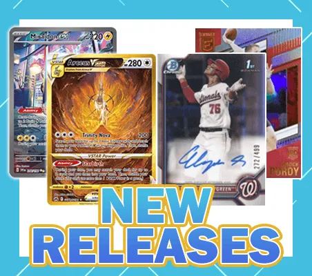 New Releases category tile, recent card releases fanned above the label
