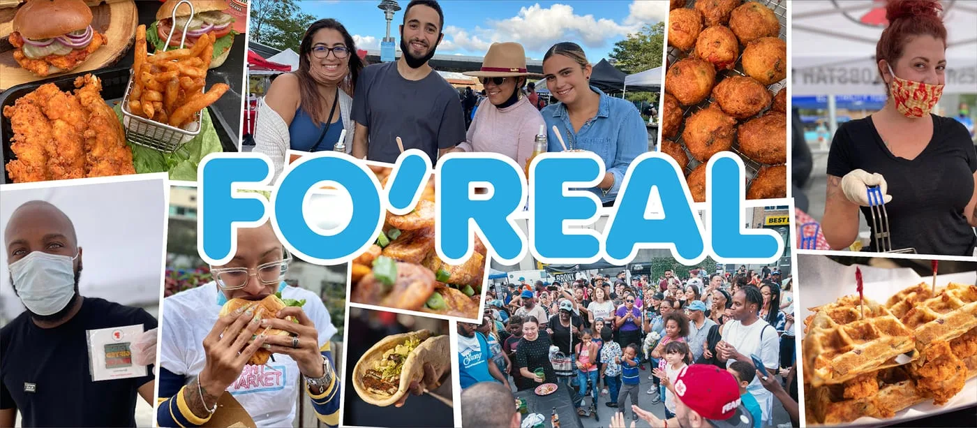 Fo'Real banner in blue caps over a collage of vendors, crowds and market dishes