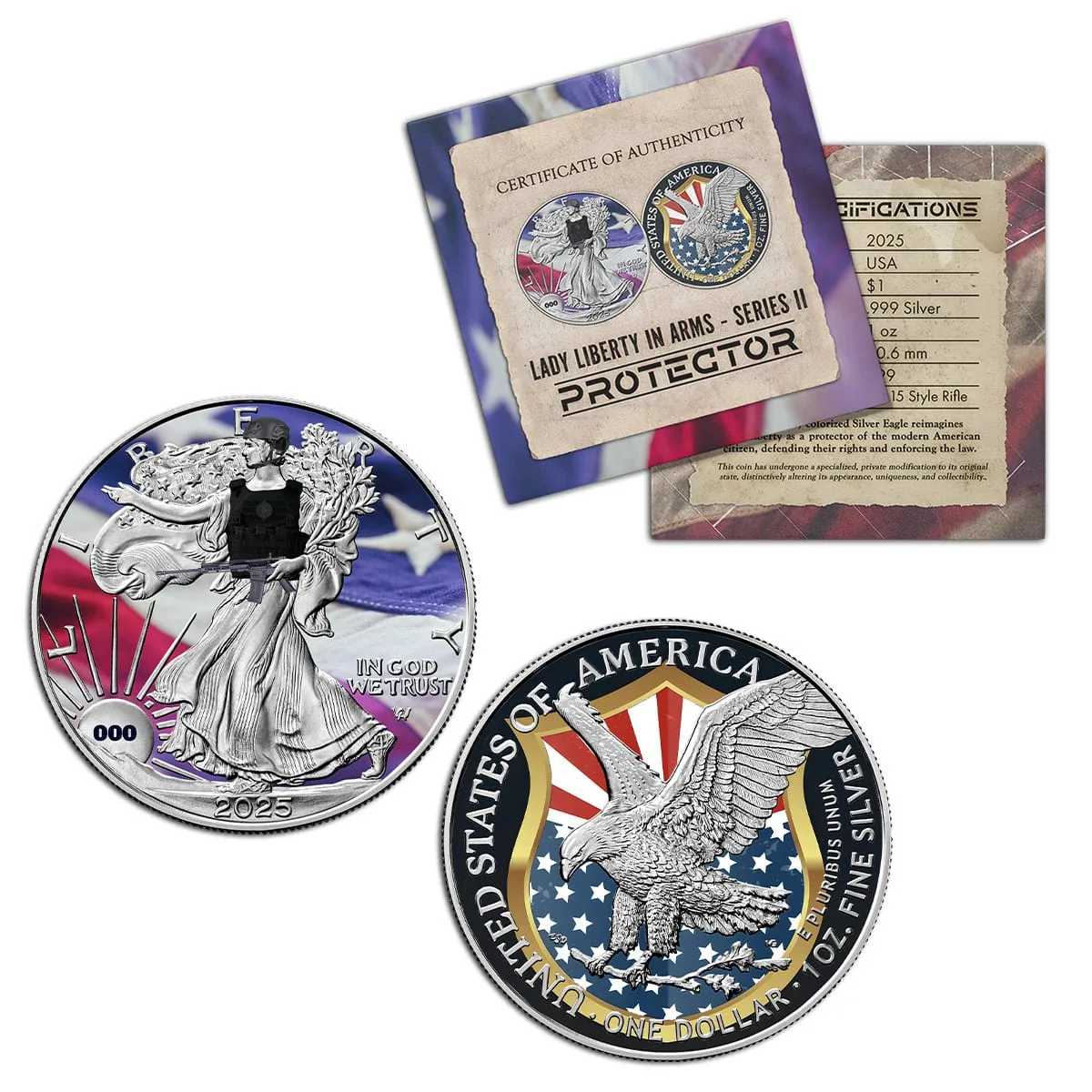 Protector release, Liberty in tactical gear over the flag and the eagle on a stars-and-stripes shield, with certificate