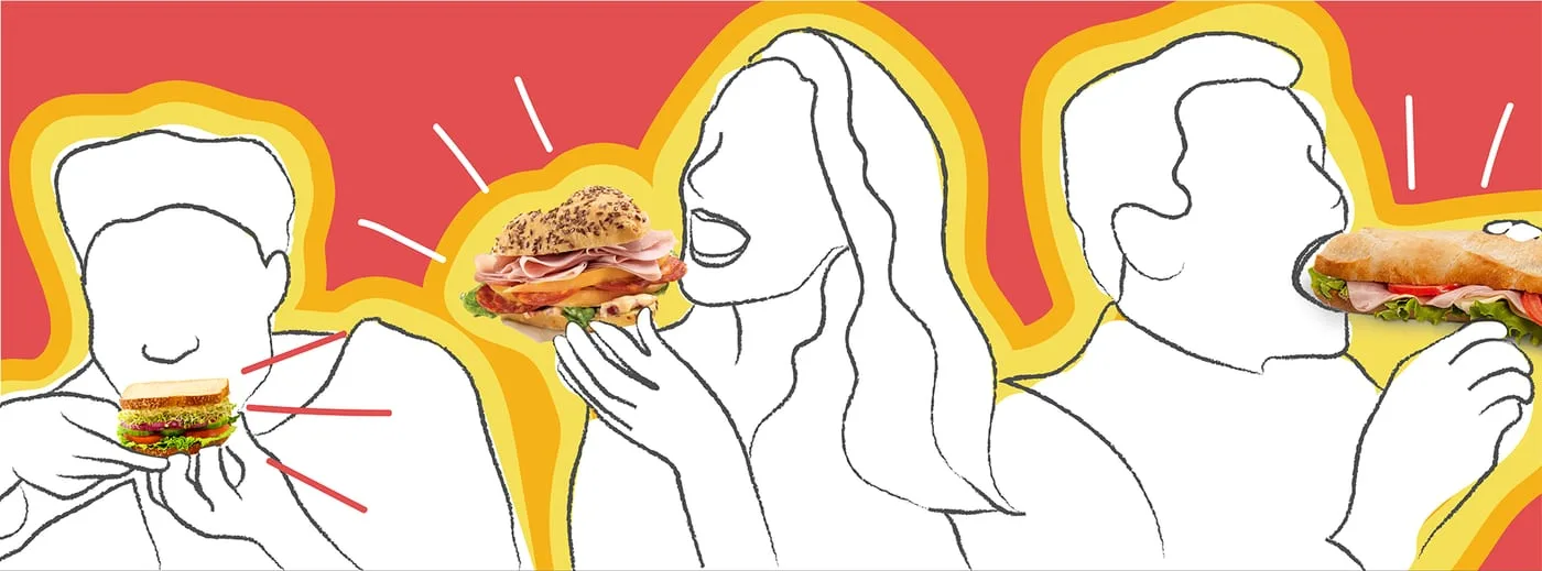 Sandwich Festival banner pairing line-drawn figures with photographed sandwiches on a coral and yellow ground