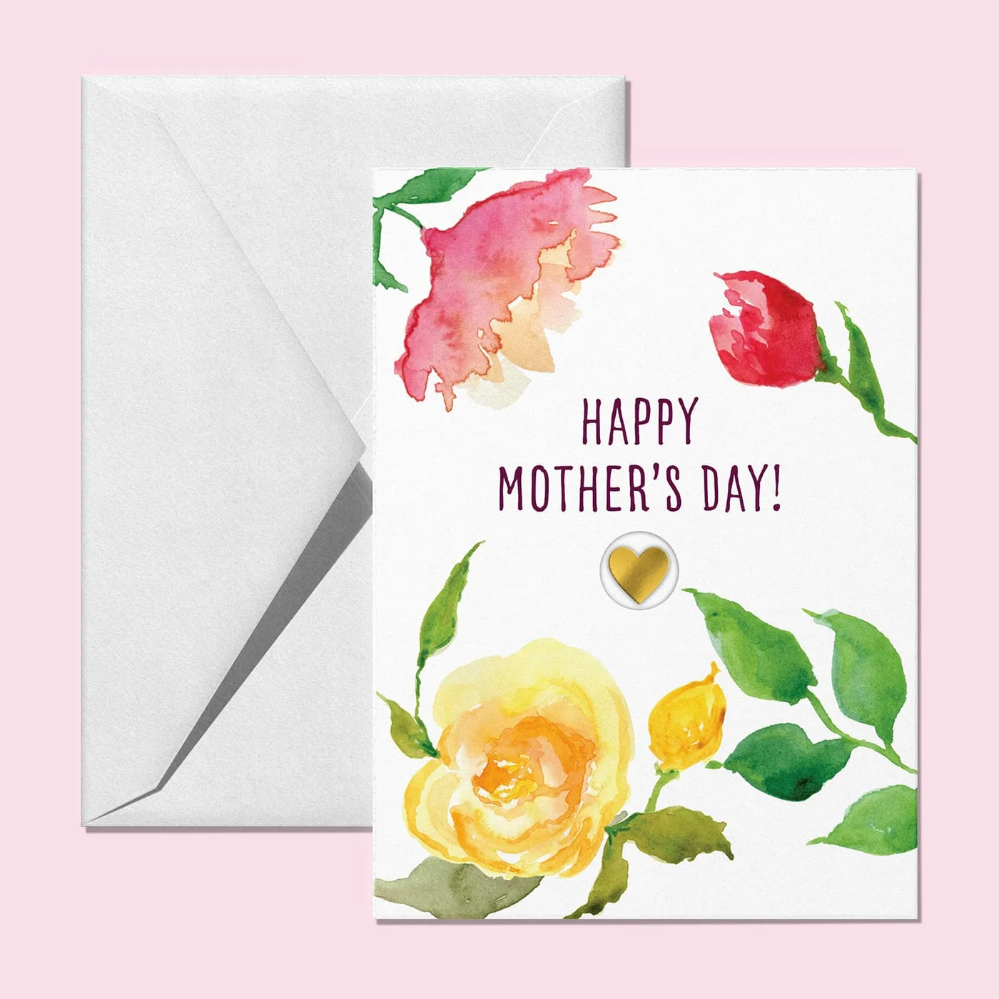Mother's Day card with loose watercolour roses in pink and yellow and a gold foil heart