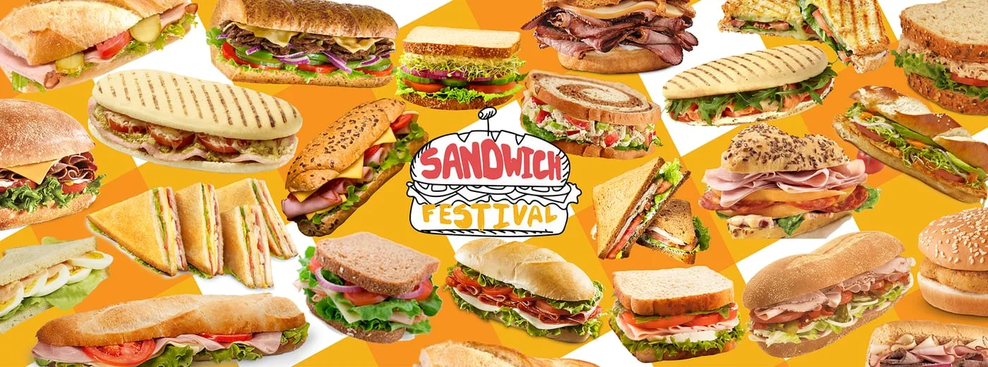 Sandwich Festival banner tiling two dozen photographed sandwiches over an orange checkerboard