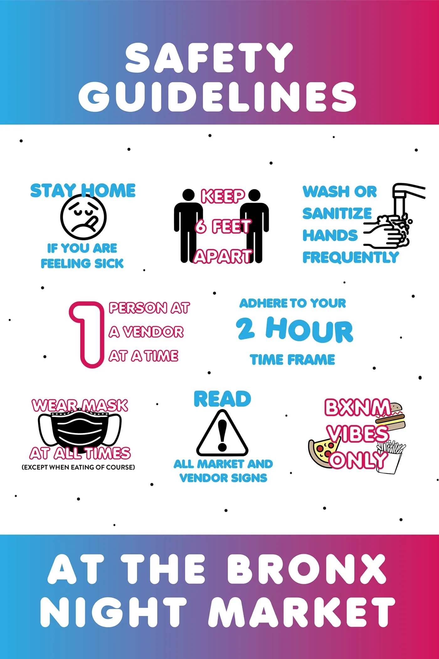 Safety guidelines poster setting out eight distancing and mask rules as icon-and-text pairs between gradient bands
