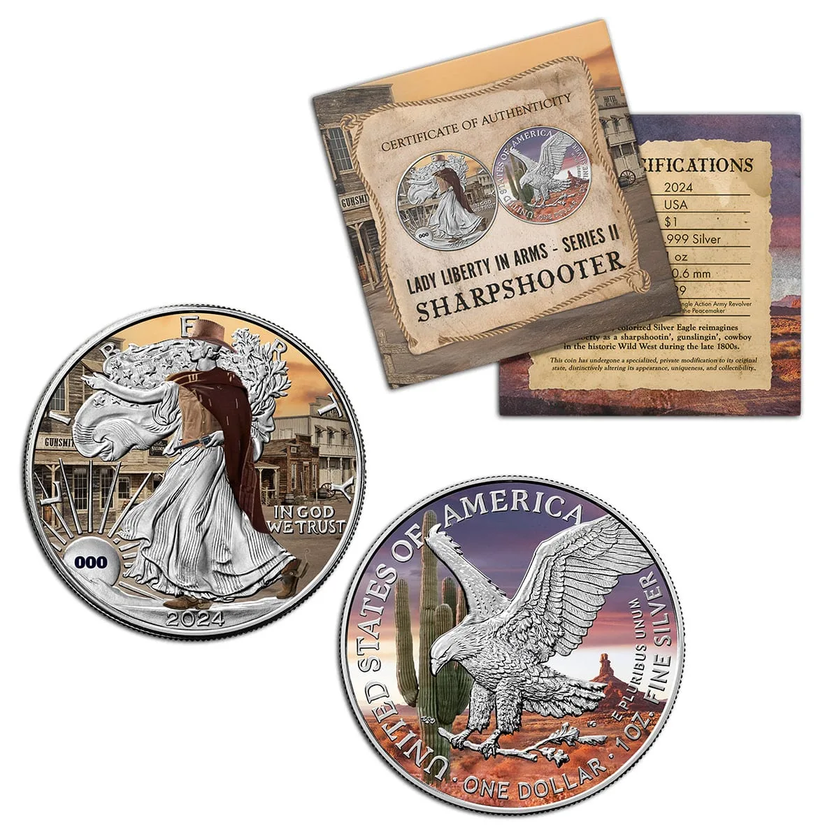 Sharpshooter release, Liberty in a duster in a frontier town and the eagle among saguaro cacti, with certificate