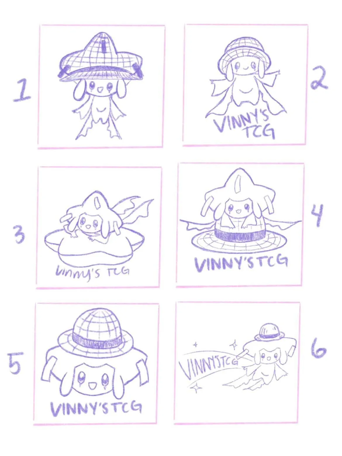 Sheet of six numbered pencil thumbnails exploring hat and pose concepts for the Vinny's TCG mascot