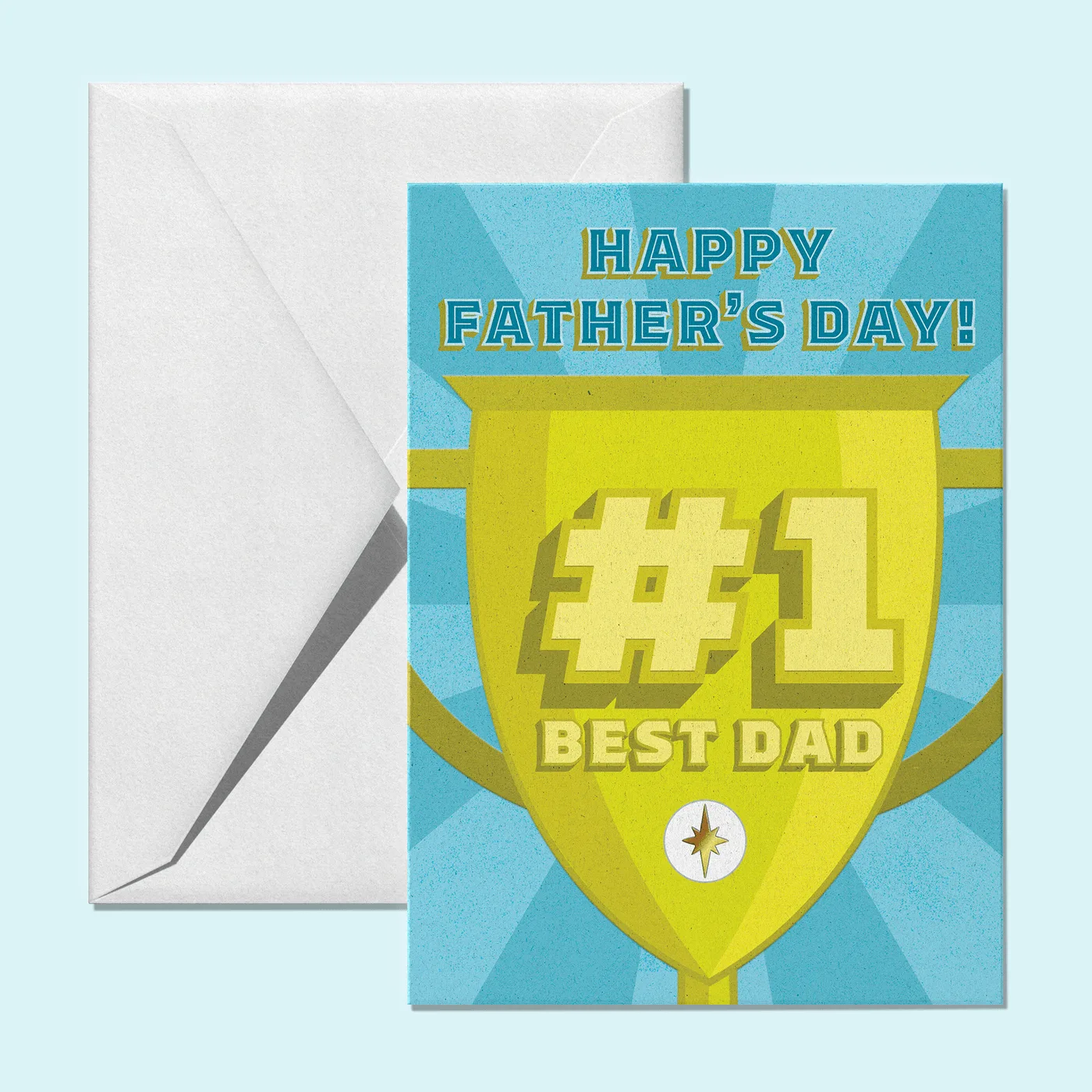 Father's Day card built around a yellow trophy reading number one best dad on a retro blue sunburst