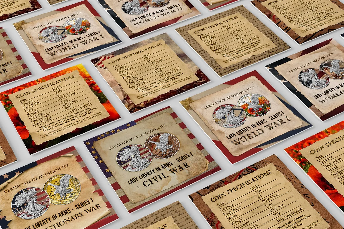 Certificate and coin-specification cards from across the series, tiled diagonally to show the set