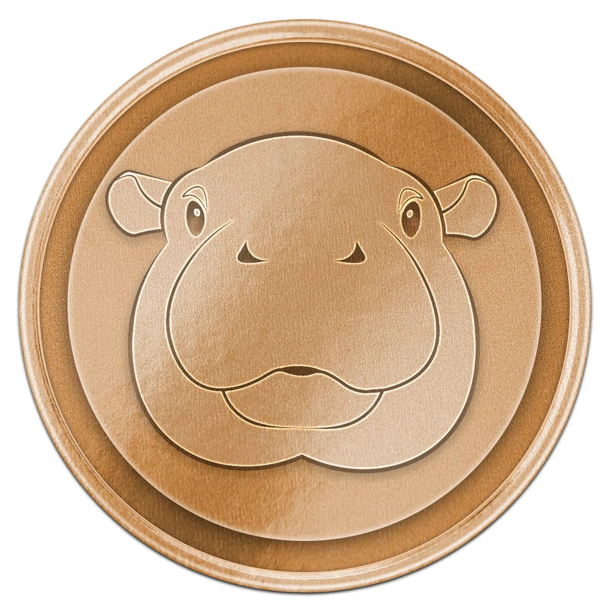Copper coin design with a cartoon hippo face embossed in relief on a stepped circular field