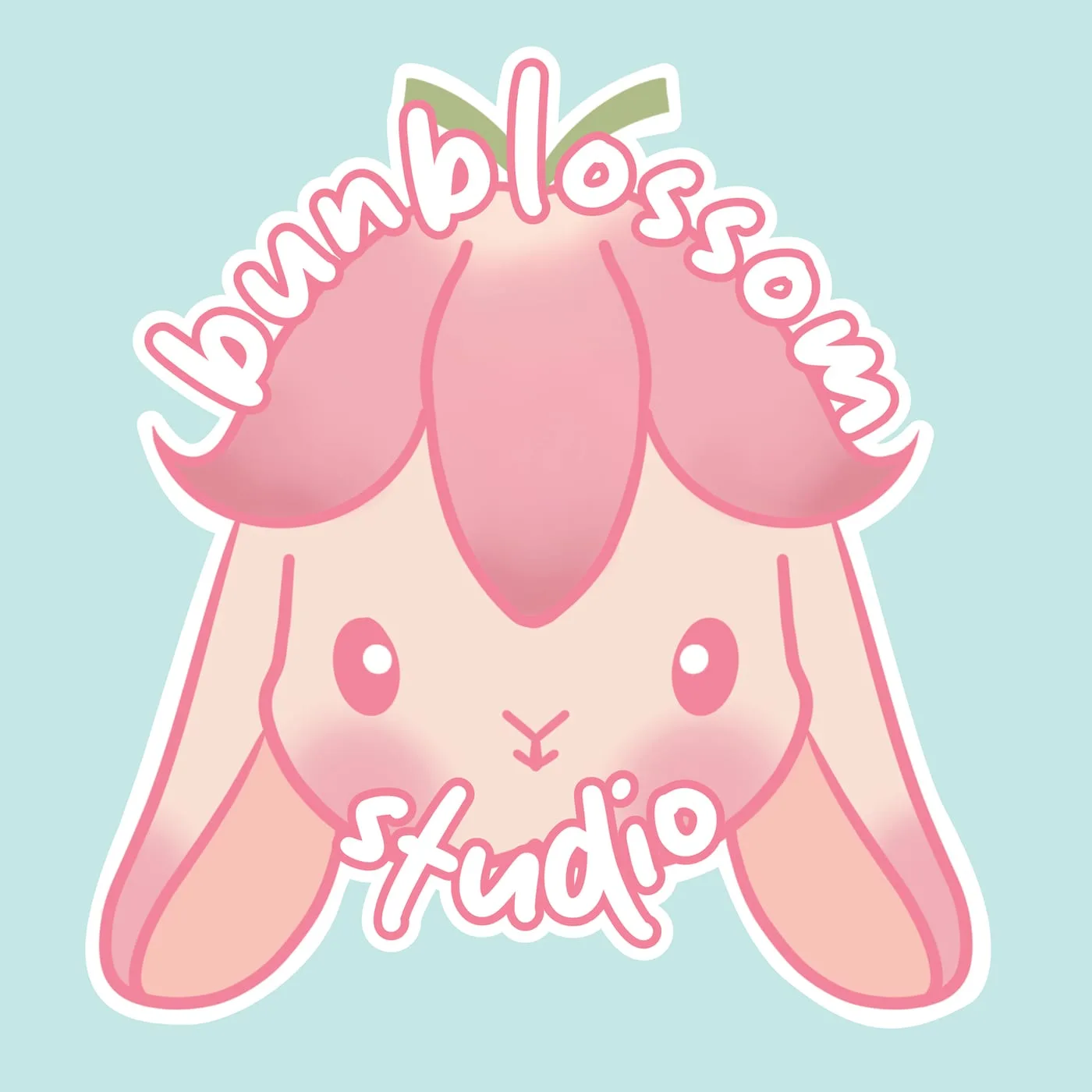Bunblossom Studio sticker logo: a pink lop-eared bunny whose head forms a cherry blossom, on mint green