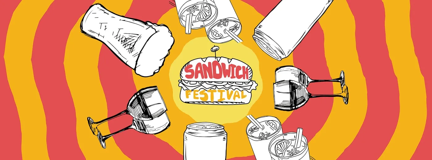 Sandwich Festival drinks banner: sketched glasses, cans and iced drinks circling the logo on concentric red and yellow rings