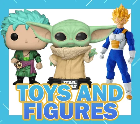 Toys and Figures category tile showing three collectible vinyl figures