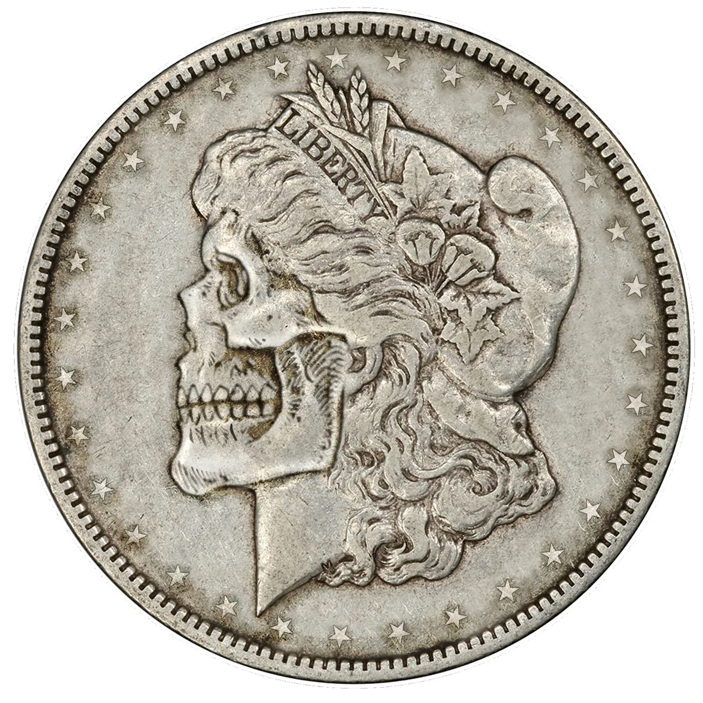 Hobo-nickel style carving reworking a Morgan dollar profile into a skull, headband and wreath left intact