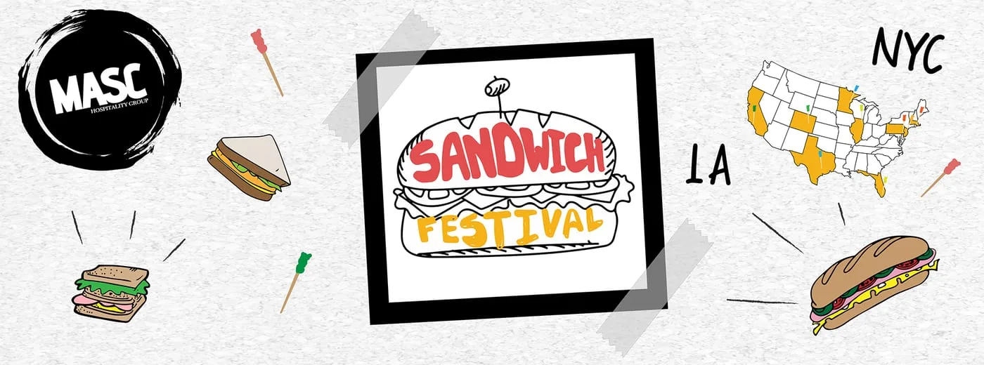 Sandwich Festival collage with the MASC mark, a pinned US map and hand-lettered NYC and LA