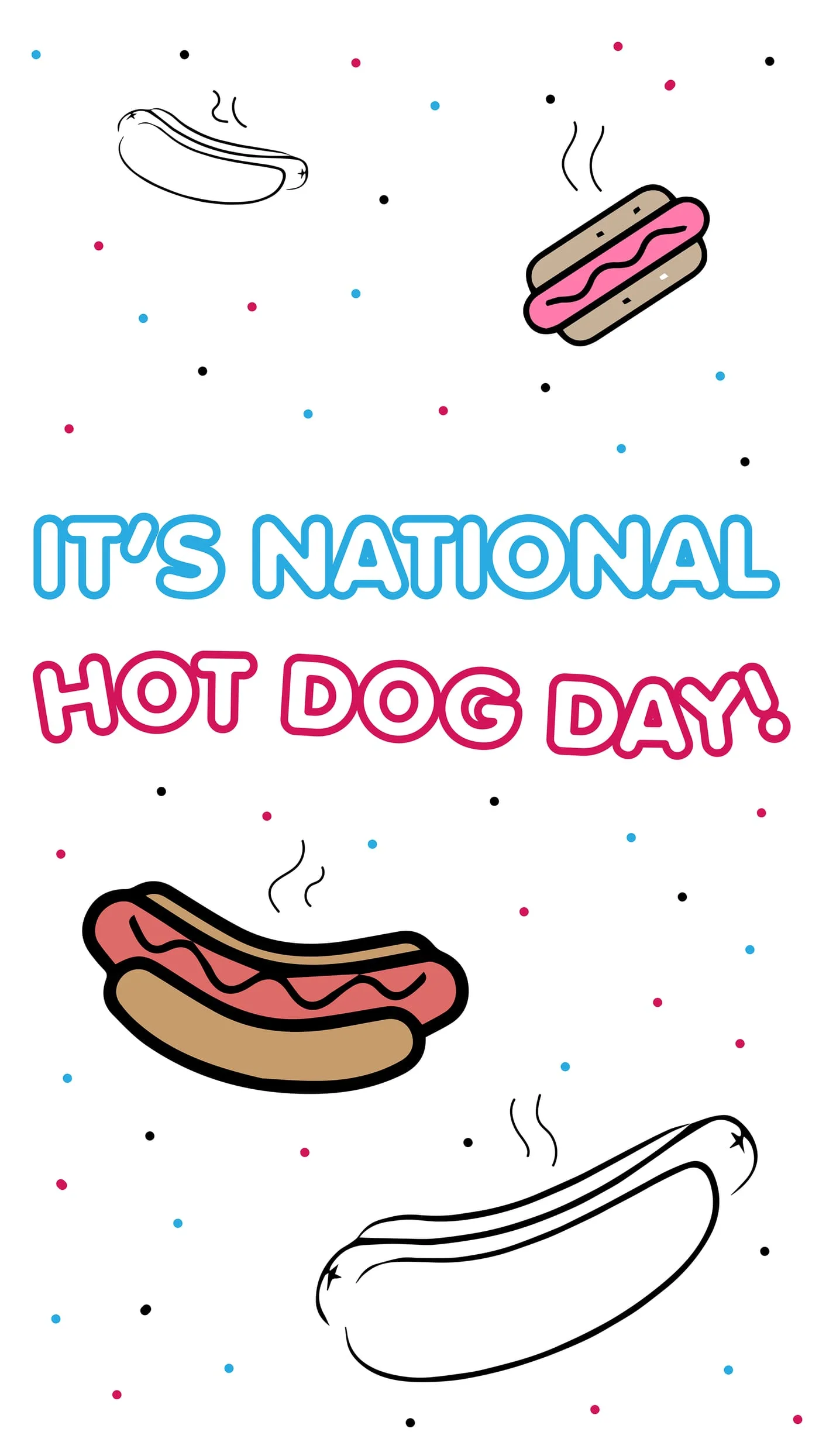 National Hot Dog Day slide with illustrated hot dogs, some line art and some coloured, scattered across confetti dots