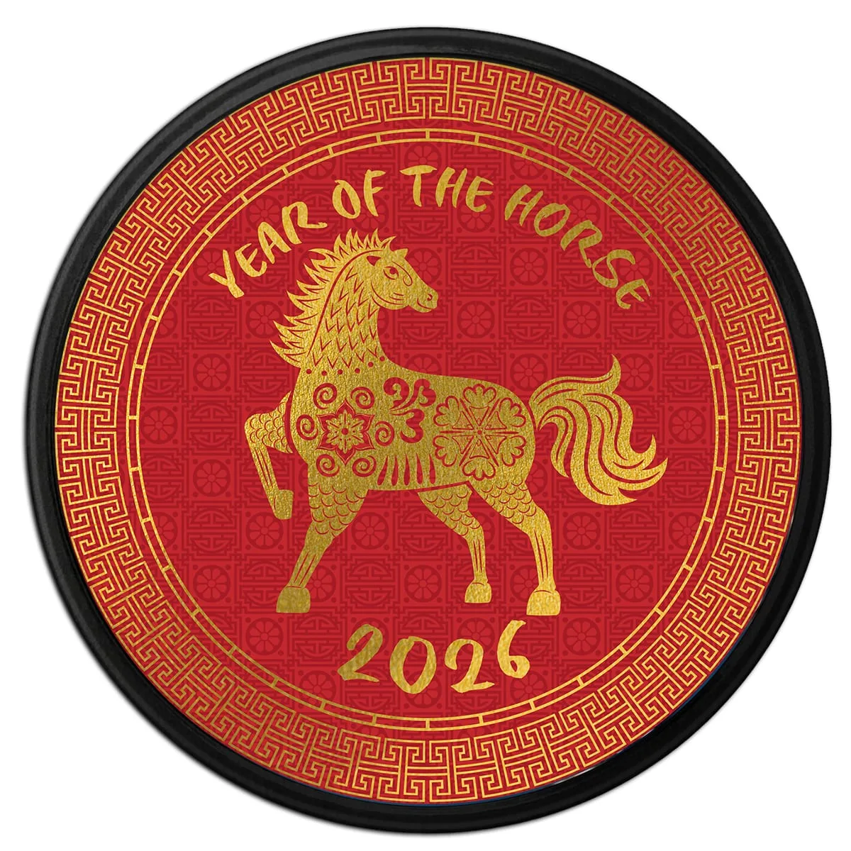 Year of the Horse lunar coin, a patterned gold horse on red inside a meander border