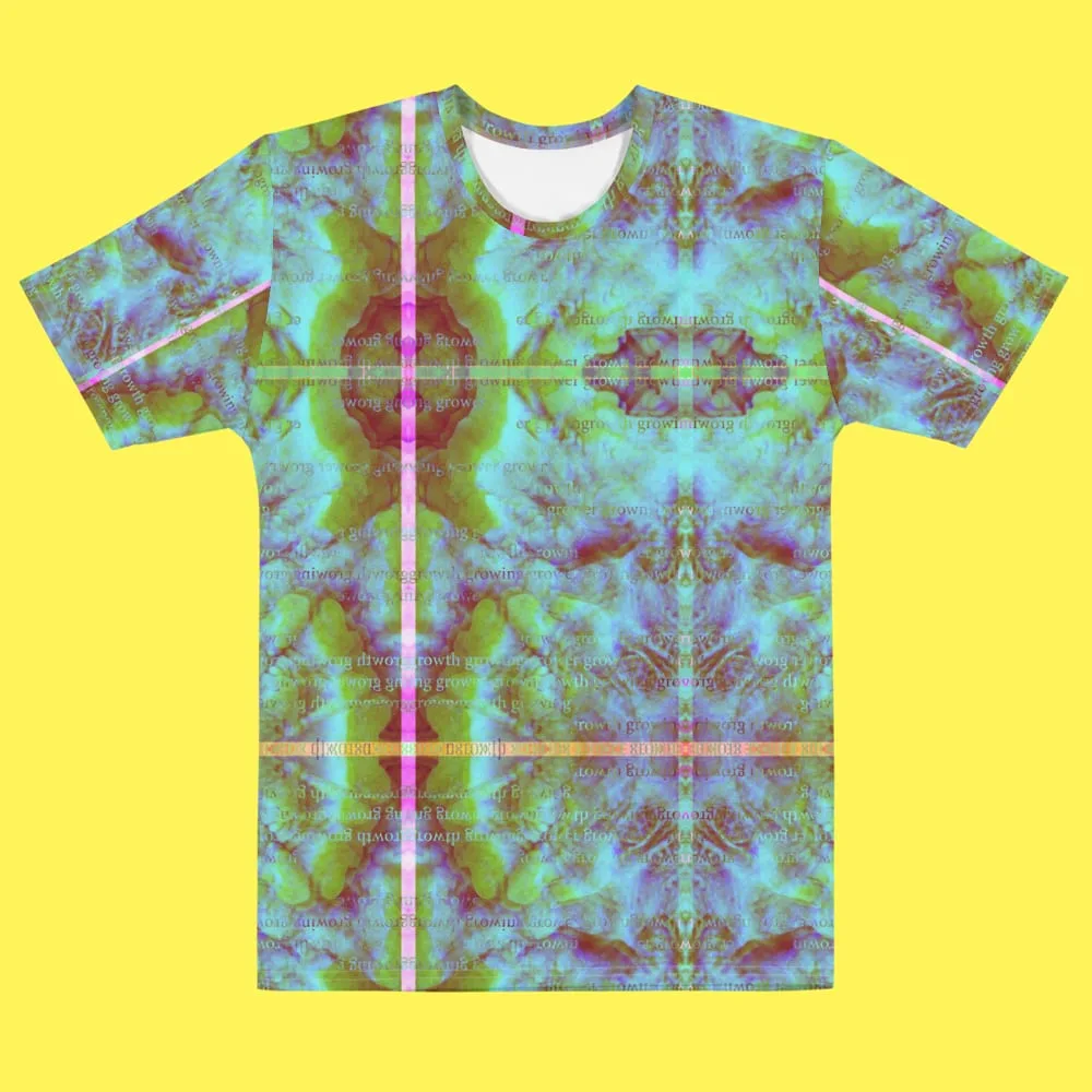 All-over-print tee mirroring manipulated photography in teal, lime and magenta beneath repeated growth lettering
