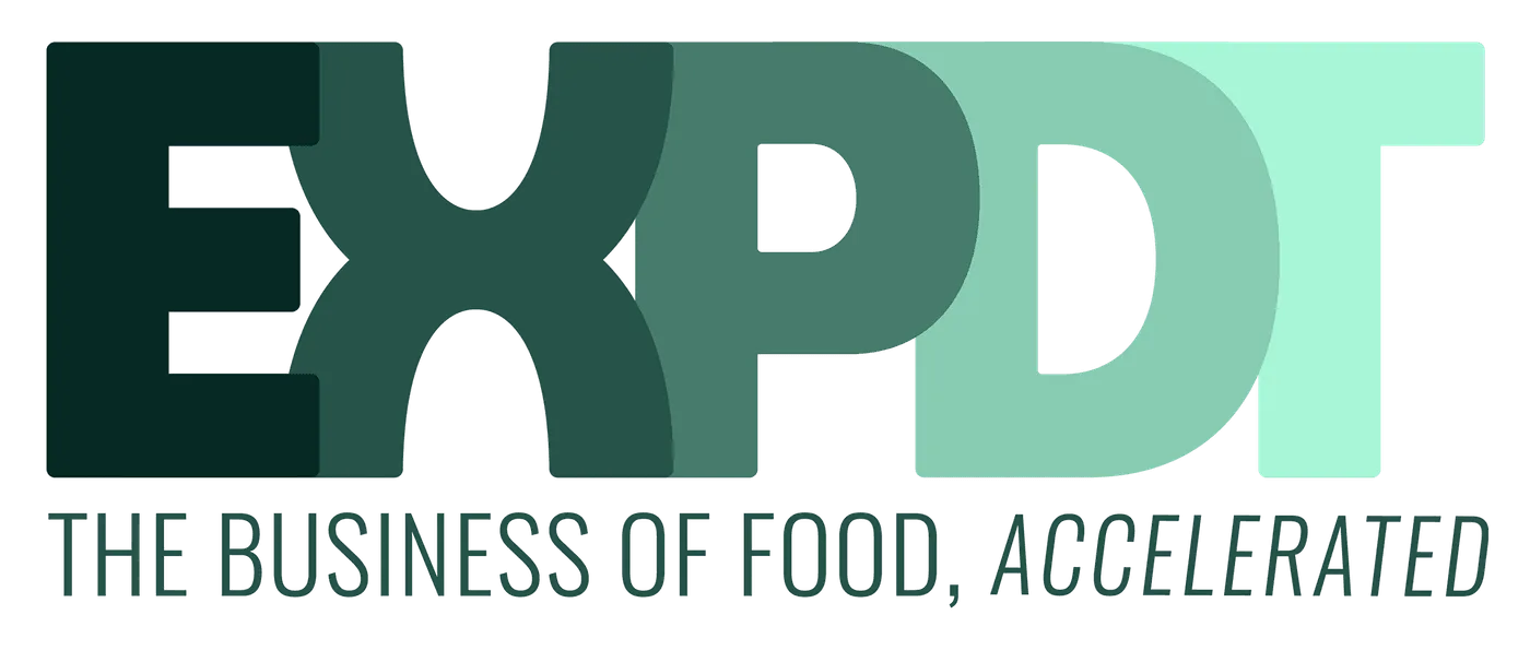 EXPDT logo in heavy letterforms shading from dark green to mint, above the line The Business of Food, Accelerated