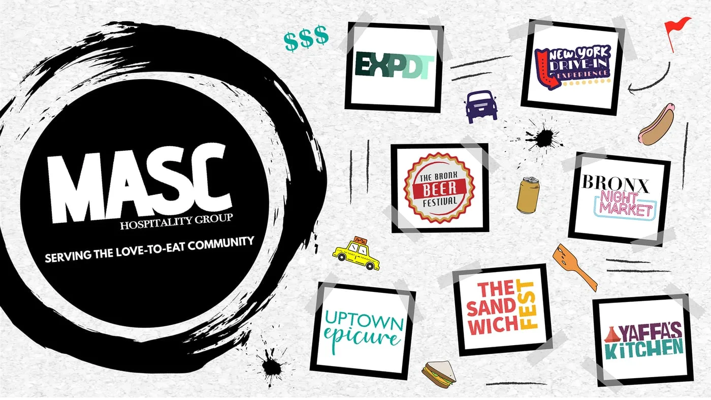 MASC Hospitality Group brush-circle mark surrounded by taped cards for its sub-brands, among them EXPDT, Bronx Night Market and Yaffa's Kitchen