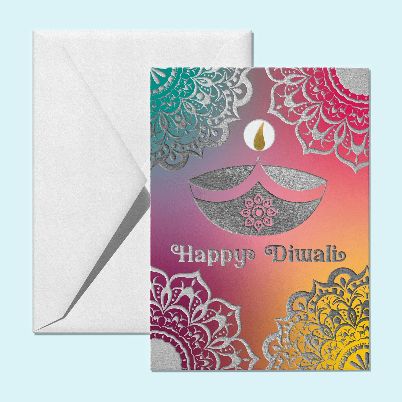 Diwali card with silver mandala corners and a decorated oil lamp on a pink-to-orange gradient