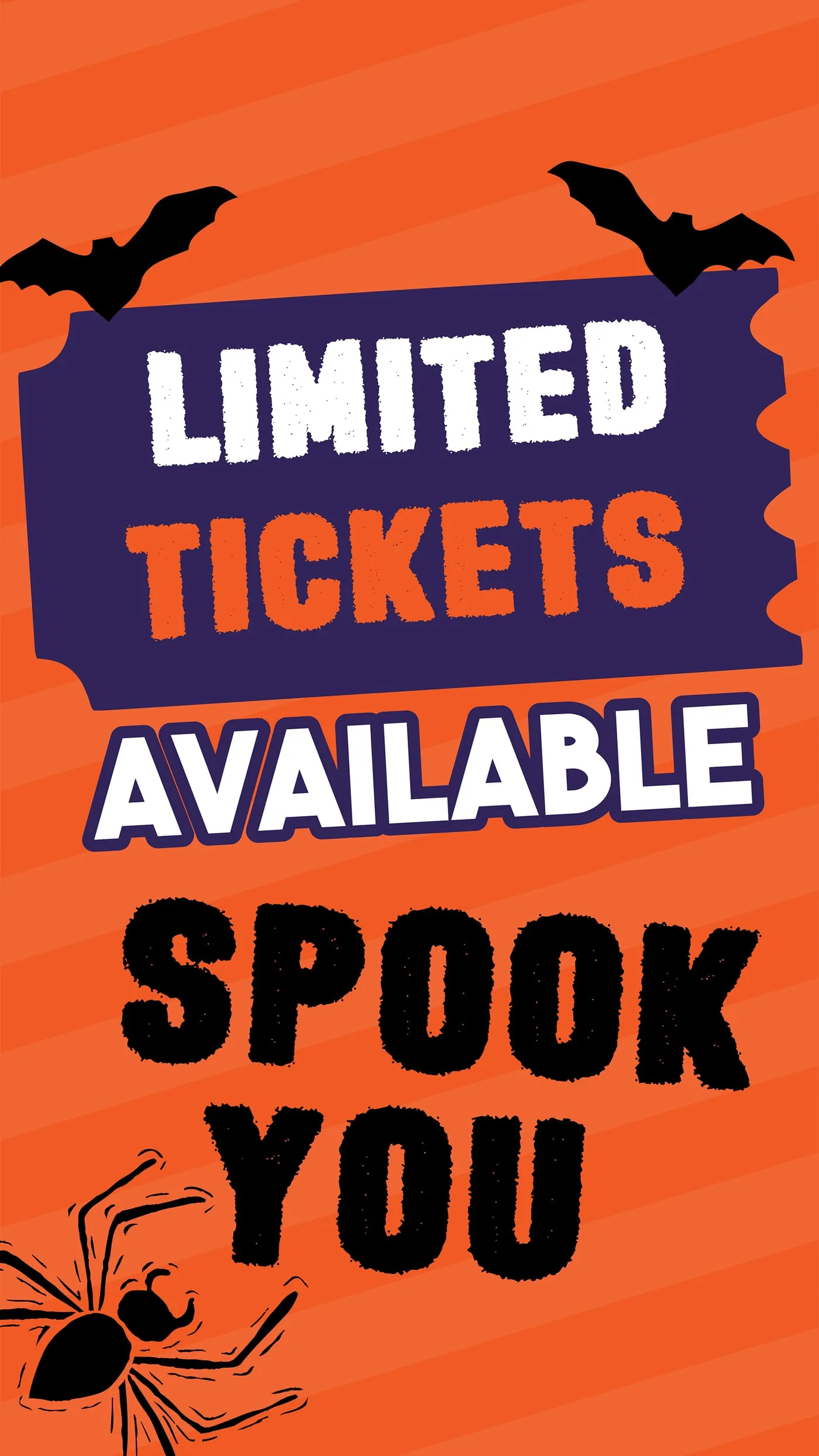 Limited tickets available slide set on a ticket shape, with bats overhead and a spider below