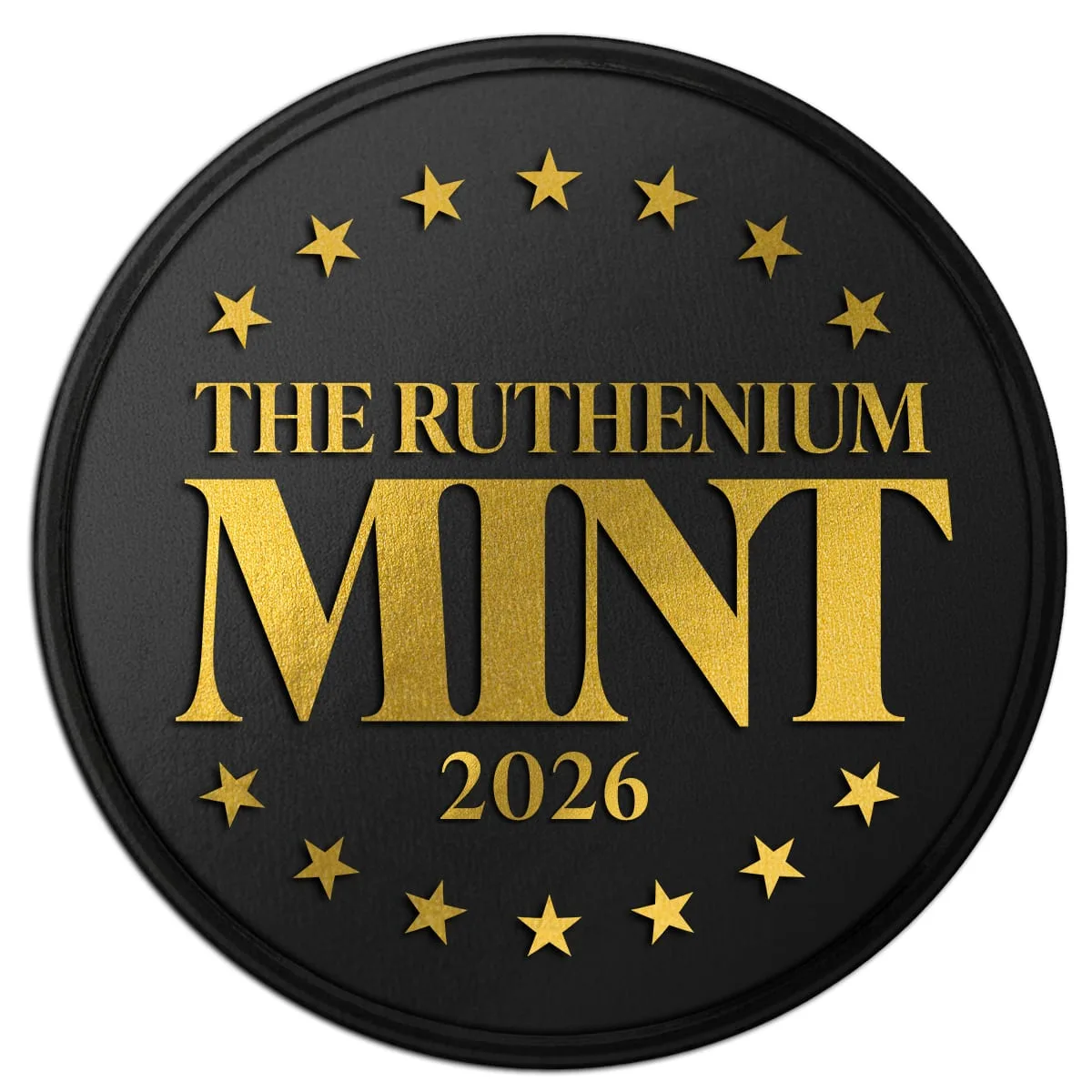 Ruthenium Mint die in gold serif lettering on a black ruthenium field, ringed by stars