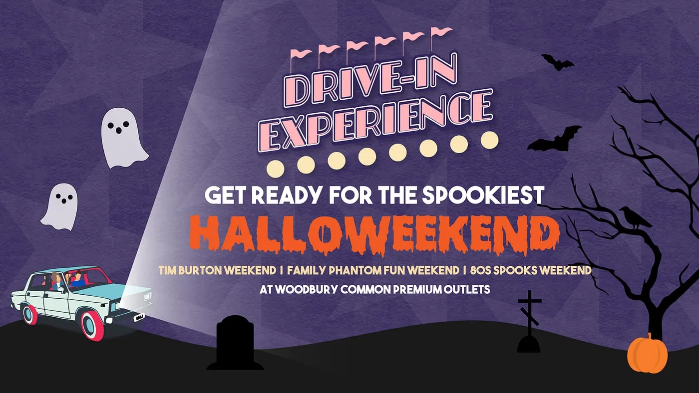 Halloweekend key art: the mint car under a projector beam with ghosts, bats and a pumpkin, listing three themed weekends at Woodbury Common
